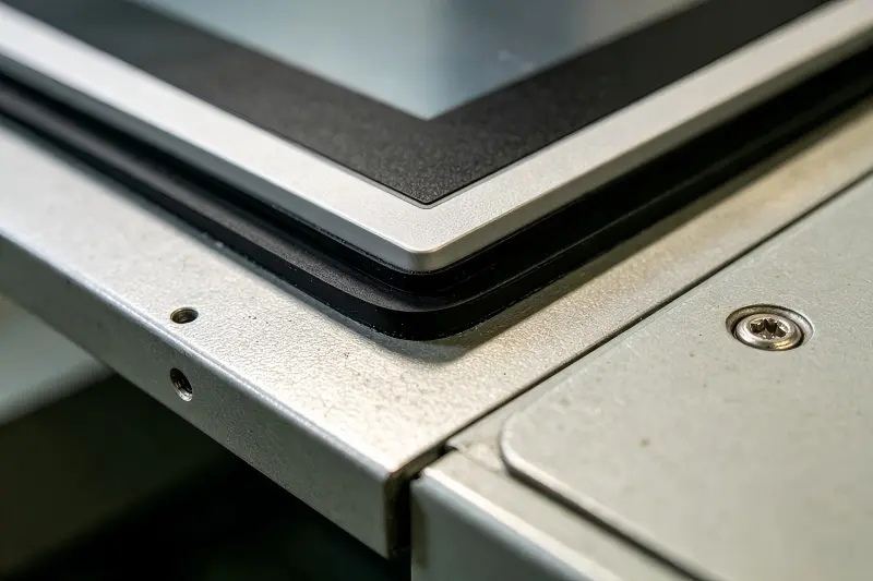 Close-up of panel mount monitor gasket providing IP65 front sealing IP65 panel mount monitor front seal gasket detail