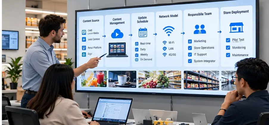 Retail team planning content workflows for shelf edge LCD displays