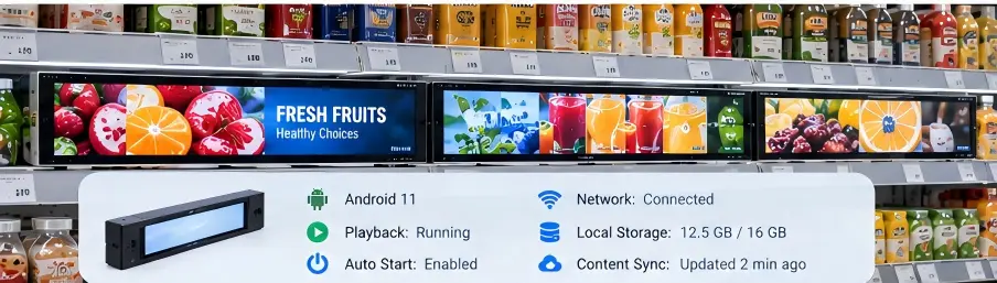 Android shelf edge LCD displays with embedded retail media playback