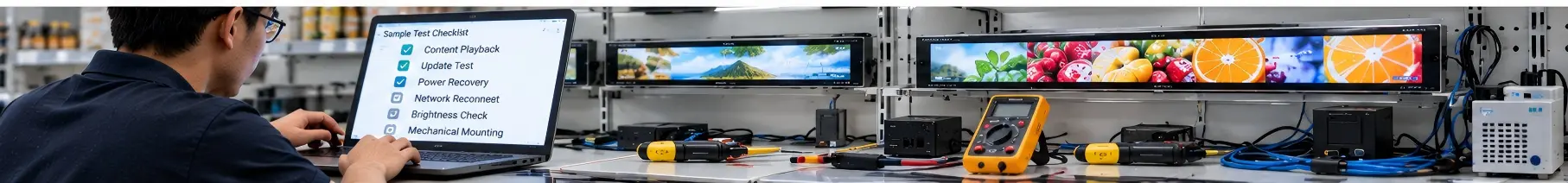 Testing shelf edge LCD displays in a retail fixture before rollout