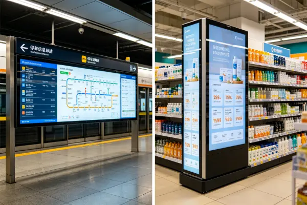 Custom OEM stretched LCD displays showing passenger information and retail content