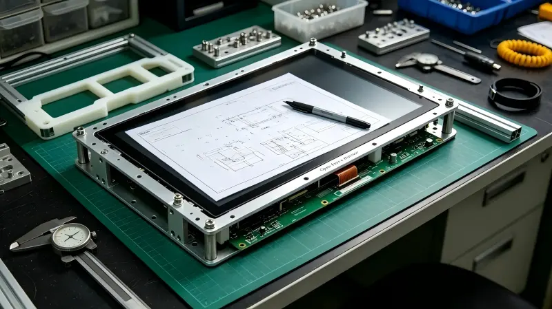 Mechanical drawing of custom open frame touch monitor with mounting points custom open frame monitor mechanical dimensions for OEM enclosure