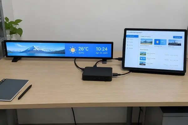 Shelf edge digital signage system integration Shelf edge digital signage system with bar LCD media player and CMS integration