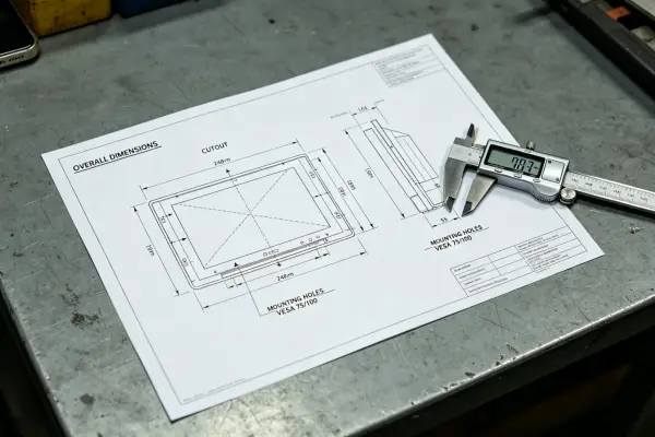 Industrial monitor datasheet mechanical drawing with dimensions and mounting details