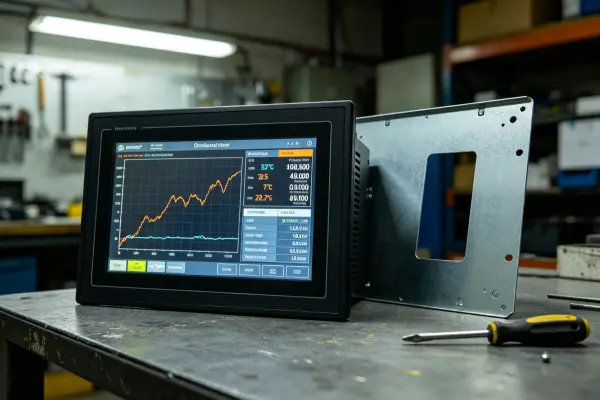 Industrial monitor datasheet showing panel mount cutout and rear clearance