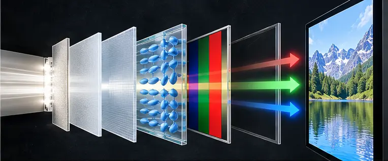 Industrial LCD display physics image path from LED backlight through TFT liquid crystal and color filter