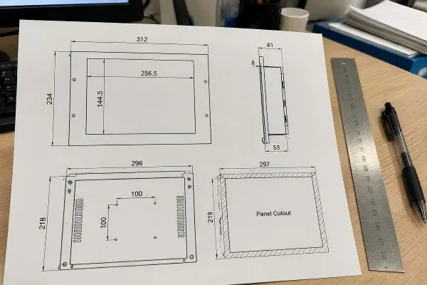 Open Frame Monitor Mechanical Fit Checklist Open frame monitor mechanical drawing showing cutout depth and mounting points