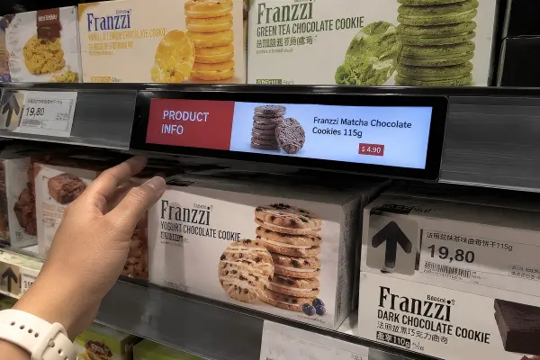 Readable Stretched Bar LCD Display Content Stretched bar LCD display showing readable retail pricing and promotional content