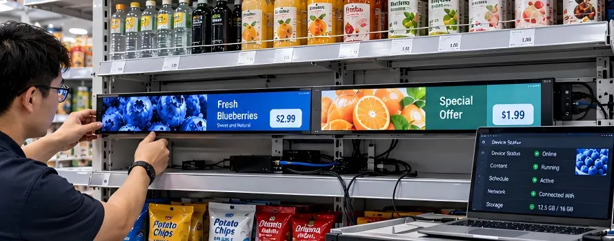Shelf edge LCD display sample testing Shelf edge LCD displays installed on a retail shelf for mechanical sample testing