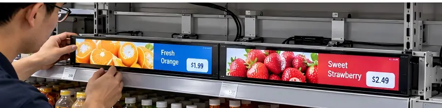 Shelf edge LCD display mechanical fit test Shelf edge LCD displays with cable routing and service clearance on a store shelf