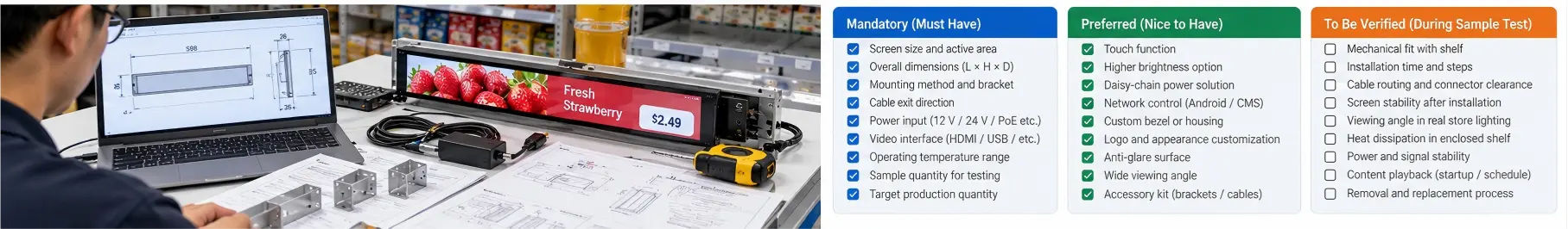 Shelf edge LCD display pilot RFQ checklist Shelf edge LCD displays RFQ checklist for pilot and production sourcing