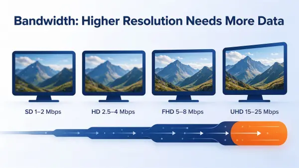 Typical streaming bandwidth by resolution, SD through UHD Streaming bandwidth requirements from SD to UHD: 1–2, 2.5–4, 5–8 and 15–25 Mbps
