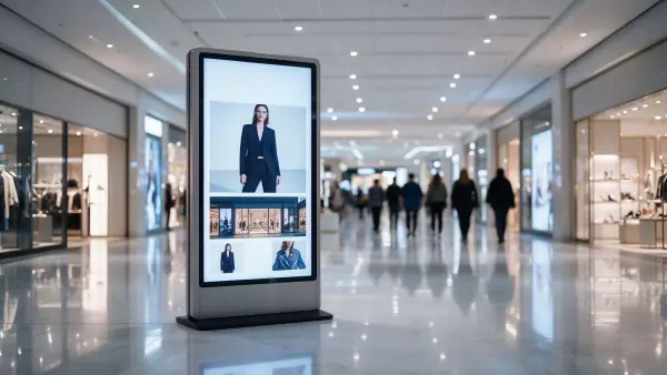 Mall digital signage totem with close-range viewers Portrait digital signage totem in a shopping mall with close-range foot traffic